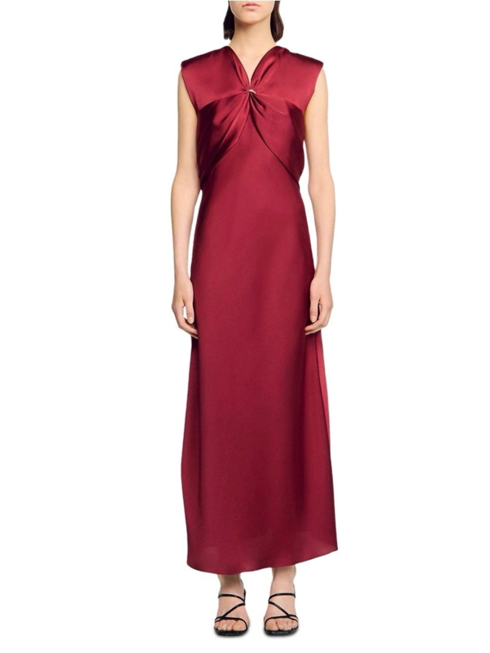 Sandro Burgundy Knot-Front Satin Maxi Dress